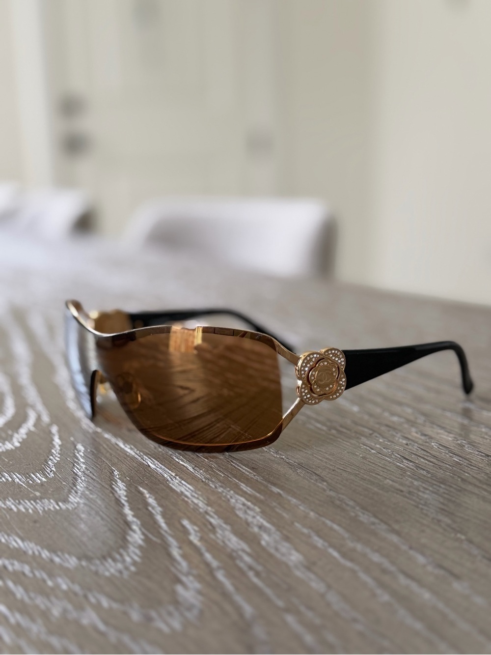 Vintage Chanel 4164-B Camellia Crystal Shield Sunglasses Brown Gold - Picture 3 of 6